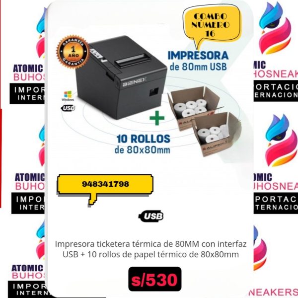 IMPRESORA TICKETERA TÉRMICA DE 80 MM CON INTERFAZ USB + 10 ROLLOS DE PAPEL TÉRMICO DE 80 X 80 MM