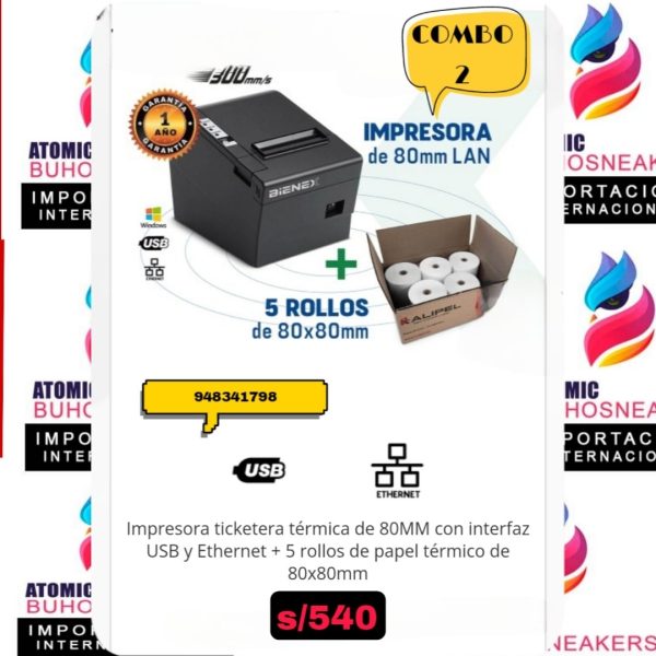 IMPRESORA TICKETERA TÉRMICA DE 80 MM CON INTERFAZ USB Y ETHERNET + 5 ROLLOS DE PAPEL TÉRMICO DE 80 X  80 MM