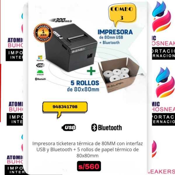 IMPRESORA TICKETERA TÉRMICA DE 80 MM CON INTERFAZ USB Y BLUETOOTH + 5 ROLLOS DE PAPEL TÉRMICO DE 80 X 80 MM