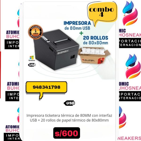 IMPRESORA TICKETERA TÉRMICA DE 80 MM CON INTERFAZ USB + 20 ROLLOS DE PAPEL TÉRMICO DE 80 x 80 MM