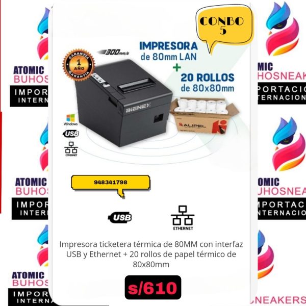 IMPRESORA TICKETERA TÉRMICA DE 80MM CON INTERFAZ USB Y ETHERNET + 20 ROLLOS DE PAPEL TÉRMICO DE 80 X  80 MM