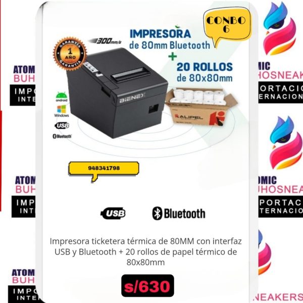 IMPRESORA TICKETERA TÉRMICA DE 80 MM CON INTERFAZ USB Y BLUETOOTH + 20 ROLLOS DE PAPEL TÉRMICO DE 80 x 80 MM