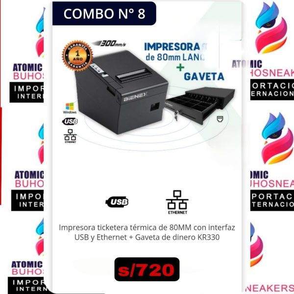 IMPRESORA TICKETERA TÉRMICA DE 80 MM CON INTERFAZ USB Y ETHERNET + GAVETA DE DINERO KR330