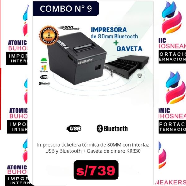 IMPRESORA TICKETERA TÉRMICA DE 80 MM CON INTERFAZ USB Y BLUETOOTH + GAVETA DE DINERO KR330