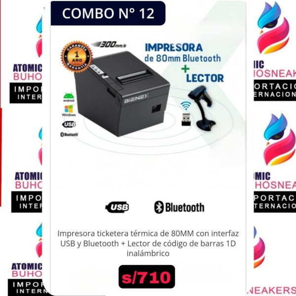 IMPRESORA TICKETERA TÉRMICA DE 80 MM CON INTERFAZ USB Y BLUETOOTH + LECTOR DE CÓDIGO DE BARRAS 1D INALÁMBRICO