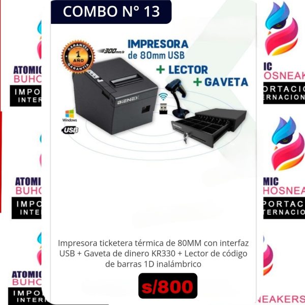 IMPRESORA TICKETERA TÉRMICA DE 80 MM CON INTERFAZ USB + GAVETA DE DINERO KR330 + LECTOR DE CÓDIGO DE BARRAS 1D INALÁMBRICO