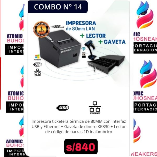 IMPRESORA TICKETERA TÉRMICA DE 80 MM CON INTERFAZ USB Y  ETHERNET + GAVETA DE DINERO KR330 + LECTOR DE CÓDIGO DE BARRAS 1D INALÁMBRICO