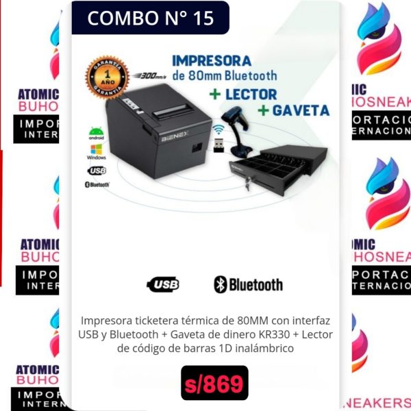 IMPRESORA TICKETERA TÉRMICA DE 80 MM CON INTERFAZ USB Y BLUETOOTH + GAVETA DE DINERO KR330 + LECTOR DE CÓDIGO DE BARRAS 1D INALÁMBRICO